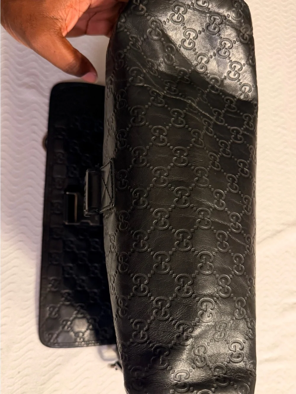 Gucci Black Embossed GG Leather Duffel with Green-Red Web Detail